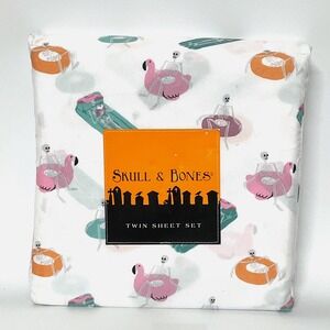 Skull & Bones Twin Sheet Set Skeletons on Pool Floats Summer Goth 3pc White